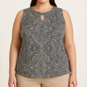 Rafaella Black White Paisley Sleeveless Keyhole Top 3X Cotton